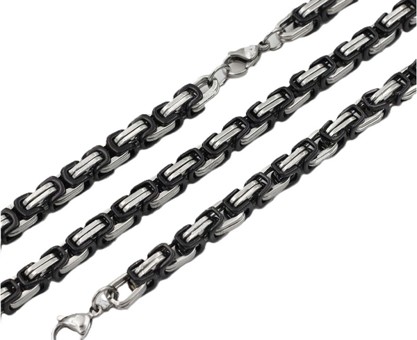 Black and Chrome Designer Byzantine 7mm Necklace Stainless Steel CH25