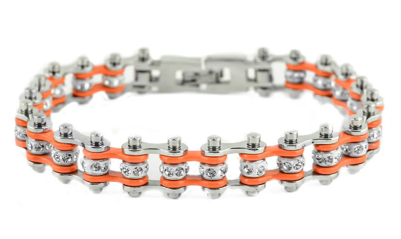 Ladies Motorcycle Mini Bike Chain Bracelet Stainless Steel Silver & Orange SB101