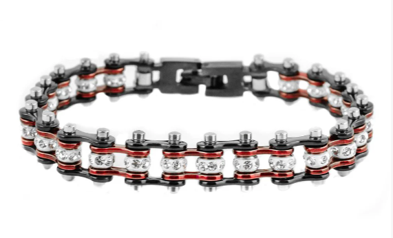 Ladies Motorcycle Bike Chain Tennis Bracelet Stainless Steel Black / Candy Red SB103