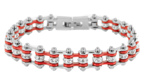 Women's Motorcycle Bike Chain Tennis Bracelet Stainless Steel Silver & Red SB105