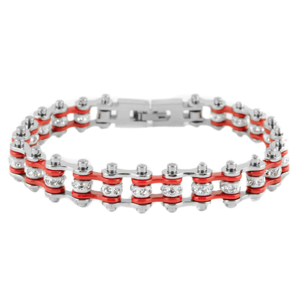 Women's Motorcycle Bike Chain Bracelet Stainless Steel Silver / Candy Red SB106