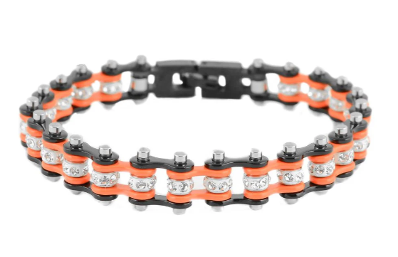Motorcycle Ladies Bike Chain Tennis Bracelet Stainless Steel Black & Orange SB108