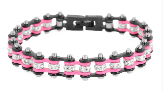 Womens Motorcycle Bike Chain Bracelet Stainless Steel Black / Pink SB109
