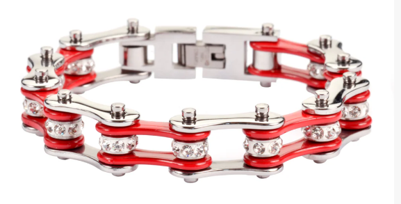 Heavy Metal Jewelry Ladies Motorcycle Bike Chain Stainless Steel Bracelet Chrome & Red SB1101