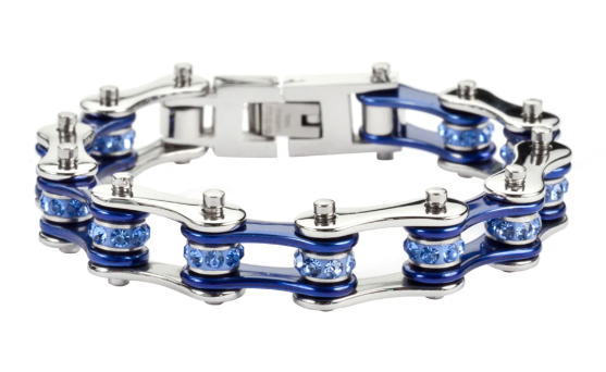 Heavy Metal Jewelry Ladies Motorcycle Bike Chain Stainless Steel Bracelet Silver & Candy Blue SB1110