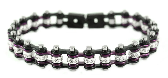 Ladies Black and Hot Purple Bracelet Stainless Steel Bling Motorcycle Tennis Bracelet SB112