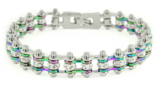 Ladies & Women's Motorcycle Mini Bike Chain Tennis Bracelet Stainless Steel Silver & Iridescent SB114 (Copy)