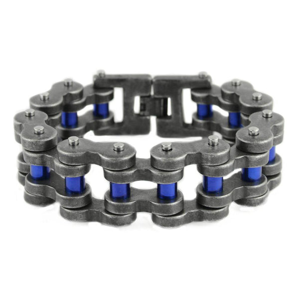Stainless Steel Men's Police Officer Distressed and Blue Bike Chain Motorcycle Bracelet SB123