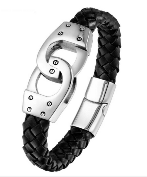 Men's Leather Handcuff Bracelet Stainless Steel SB124
