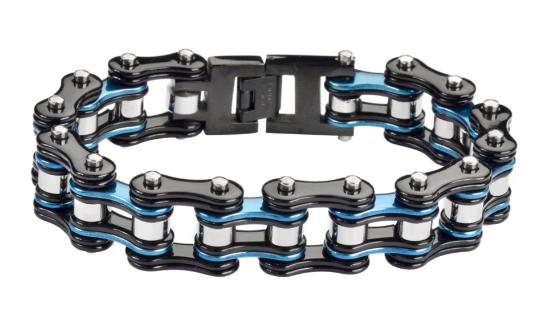 Jewelry Men's Motorcycle Bike Chain Biker Bracelet Stainless Steel Black & Blue Double Link SB1291