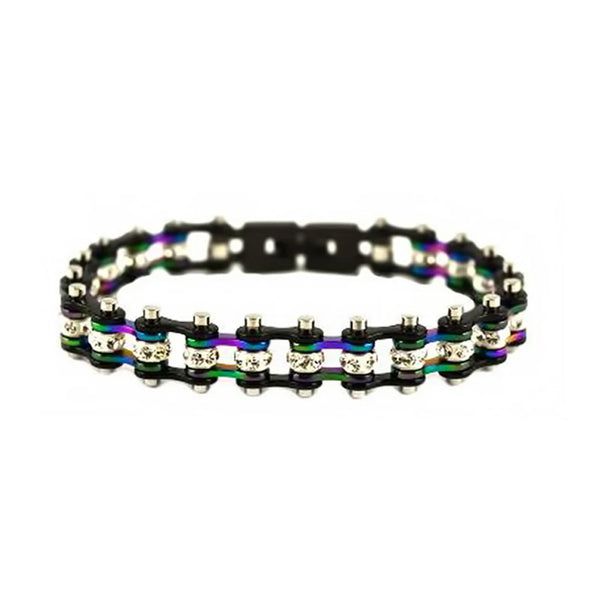 Ladies Motorcycle Bike Chain Bracelet Stainless Steel Black and Rainbow SB134