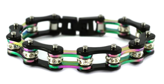 Ladies Motorcycle Bike Chain Stainless Steel Bracelet Black & Iridescent SB136