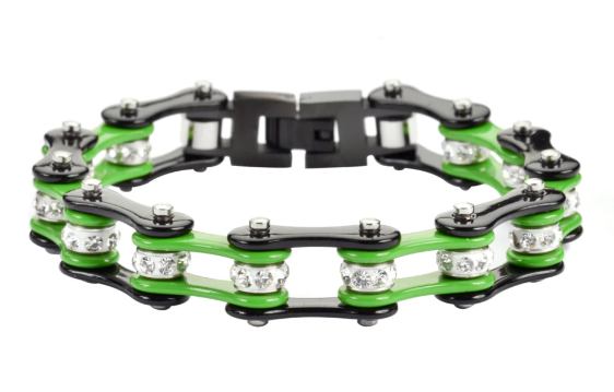 Biker Jewelry Ladies Motorcycle Bike Chain Stainless Steel Bracelet Black & Green SB13