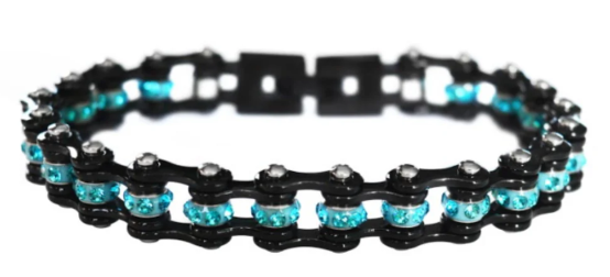 Biker Jewelry 8mm Wide Women's Black with Aqua Crystal Centers Stainless Steel Motorcycle Bike Chain Bracelet SB141