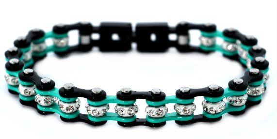 Biker Jewelry's Ladies Motorcycle Bike Chain Bracelet Stainless Steel Black & Turquoise SB148