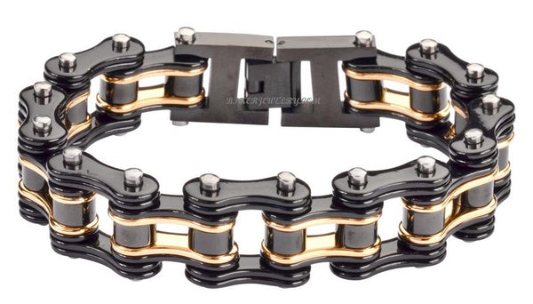 Biker Jewelry's Men's Motorcycle Bike Chain Bracelet Stainless Steel Black & Gold SB149