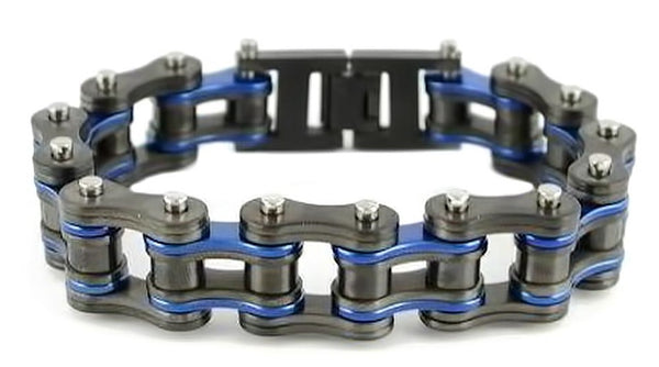 Biker Jewelry's Men's Motorcycle Bike Chain Bracelet Stainless Steel Gunmetal & Electric Blue Police Edition SB163