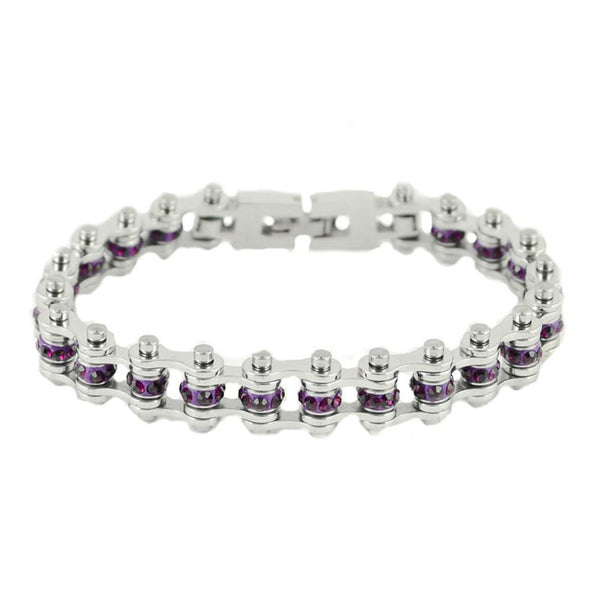 Ladies Motorcycle Mini Birthstone Bike Chain Bracelet Stainless Steel February Amethyst SB165