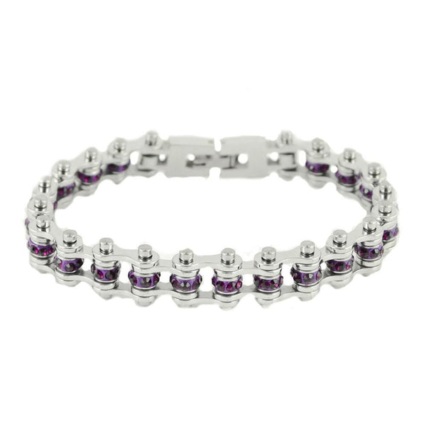 Ladies Motorcycle Mini Birthstone Bike Chain Bracelet Stainless Steel February Amethyst SB165