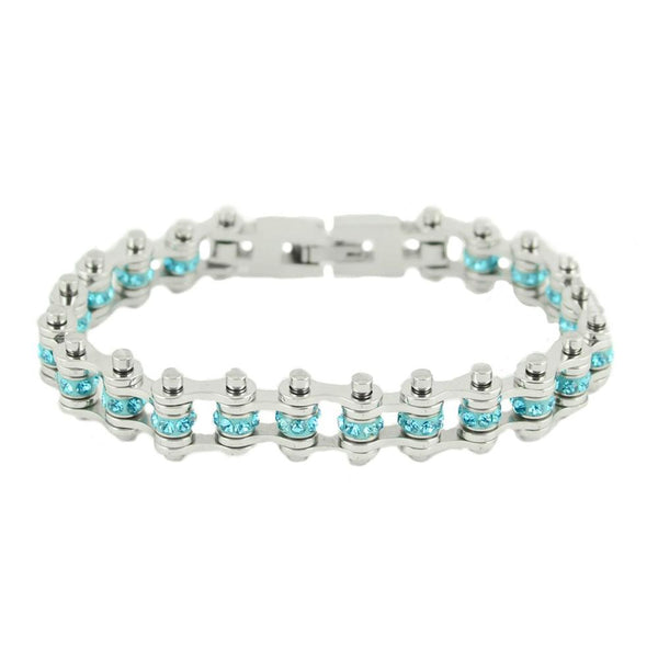 Biker Jewelry's Women's Bike Chain Stainless Steel Bracelet March Birthstone SB166