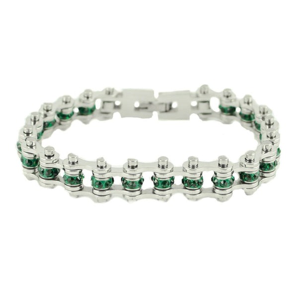 Biker Jewelry's Ladies Mini Bike Chain Stainless Steel Bracelet May Edition Emerald Imitation Crystals SB169
