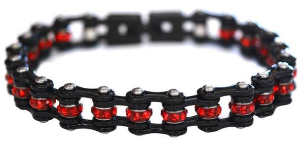 Biker Jewelry Mini Ladies Black with Red Crystal Stainless Steel Motorcycle Bike Chain Bracelet SB184