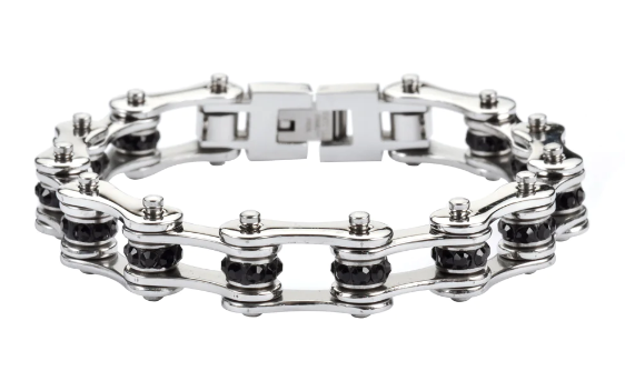 Ladies Bike Chain Stainless Steel Bracelet Silver & Black Crystals SB197