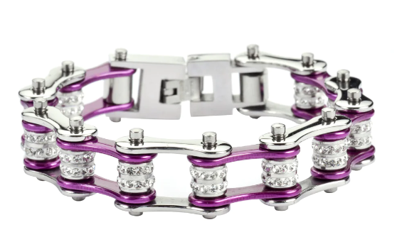 Heavy Metal Jewelry Ladies Bike Chain Stainless Steel Bracelet Silver & Candy Purple SB198