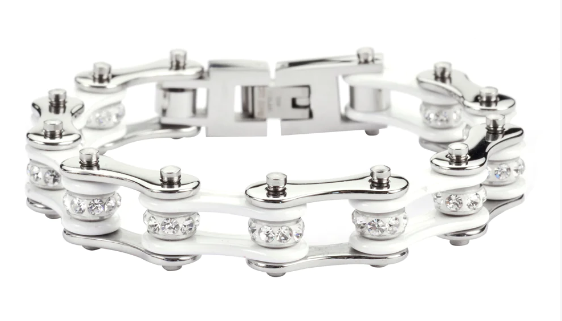 Jewelry Ladies Motorcycle Bike Chain Stainless Steel Tennis Bracelet Silver & White SB202