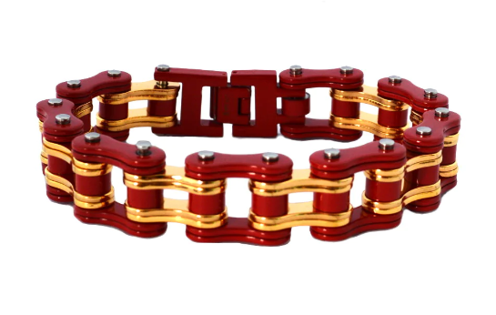 Men's Motorcycle Bike Chain Bracelet Stainless Steel Ironman Red & Gold SB218
