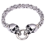 Unisex Stainless Steel Byzantine Dual Skull Biker Bracelet SB224