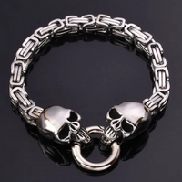 Unisex Stainless Steel Byzantine Dual Skull Biker Bracelet SB224