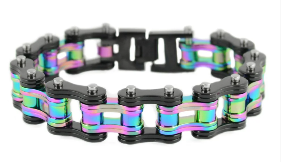 Biker Jewelry Men's Motorcycle Bike Chain Biker Bracelet Stainless Steel Black & Iridescent Double Link SB235