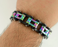 Biker Jewelry Men's Motorcycle Bike Chain Biker Bracelet Stainless Steel Black & Iridescent Double Link SB235