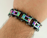 Biker Jewelry Men's Motorcycle Bike Chain Biker Bracelet Stainless Steel Black & Iridescent Double Link SB235