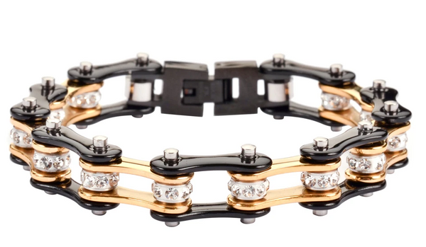 Women's Motorcycle Bike Chain Stainless Steel Bracelet Black and Gold SB27