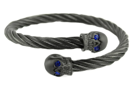 Skull Jewelry Unisex Gunmetal Wired Skull Biker Bracelet Stainless Steel Blue or Red Eyes SB31
