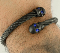 Skull Jewelry Unisex Gunmetal Wired Skull Biker Bracelet Stainless Steel Blue or Red Eyes SB31