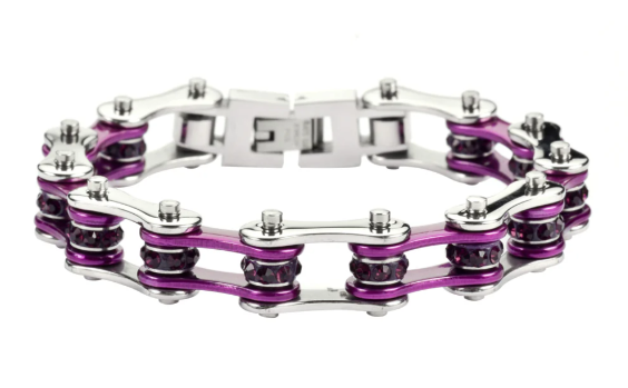 Biker Jewelry Ladies Motorcycle Bike Chain Stainless Steel Bracelet Silver & Candy Purple SB40