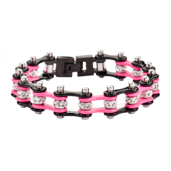 Women's Motorcycle Bike Chain Stainless Steel Bracelet Black and Pink SB50