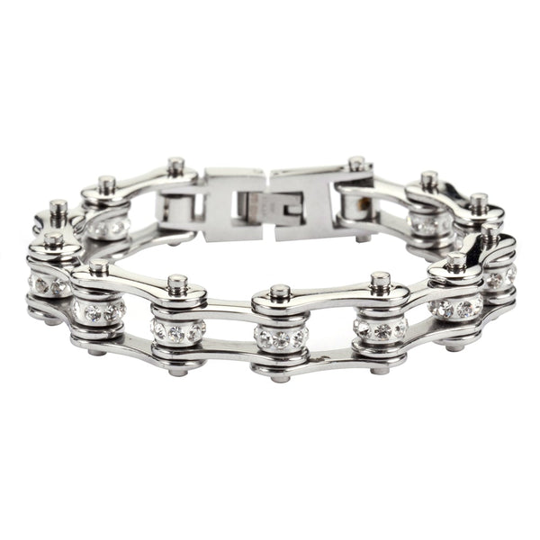 Ladies 10mm Wide All Stainless with Crystal Centers Biker Jewelry Motorcycle Bike Chain Stainless Steel Bracelet SB53