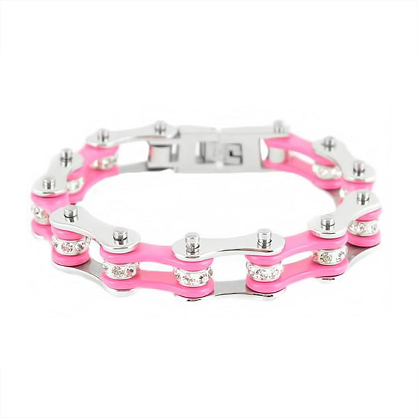 Ladies Motorcycle Bike Chain Stainless Steel Biker Jewelry Bracelet Silver & Pink SB56
