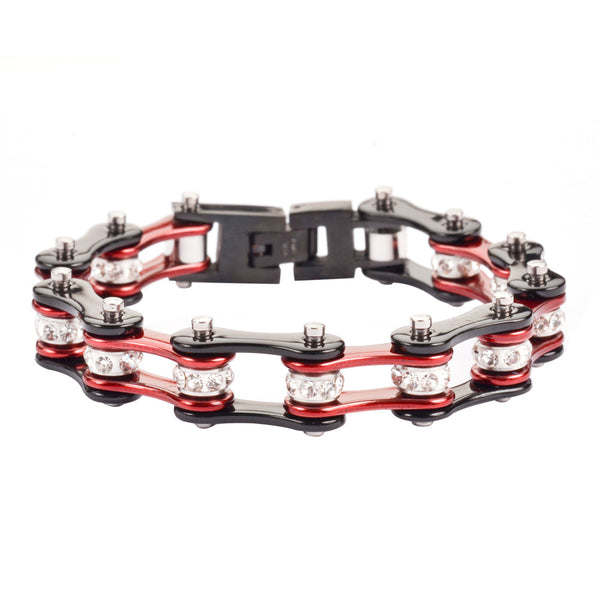 Biker Jewelry Ladies Motorcycle Bike Chain Stainless Steel Bracelet Black & Electric Red SB60