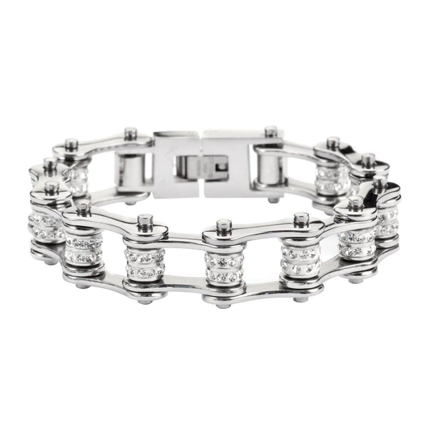 Biker Jewelry Ladies Motorcycle Bike Chain Stainless Steel Bracelet Two Rows of Crystals SB63