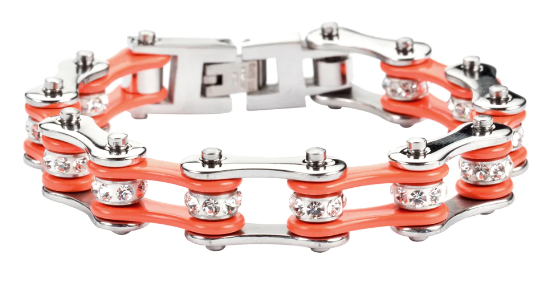 Biker Jewelry Ladies Motorcycle Bike Chain Stainless Steel Bracelet Silver & Orange SB64