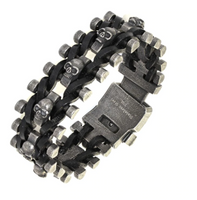Biker Jewelry's Men's Leather and Stainless Steel Skull Biker Bracelet Distressed SB68