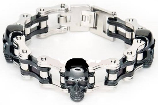 Biker Jewelry Men's Motorcycle Bike Chain Bracelet Stainless Steel Silver & Black Skulls SB73