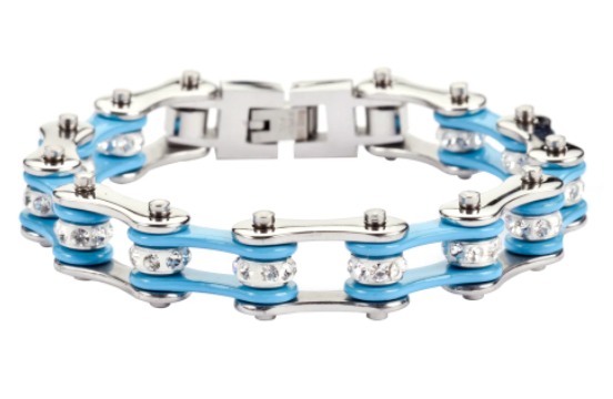 Biker Jewelry's Ladies Motorcycle Bike Chain Stainless Steel Tennis Bracelet Silver & Turquoise SB80