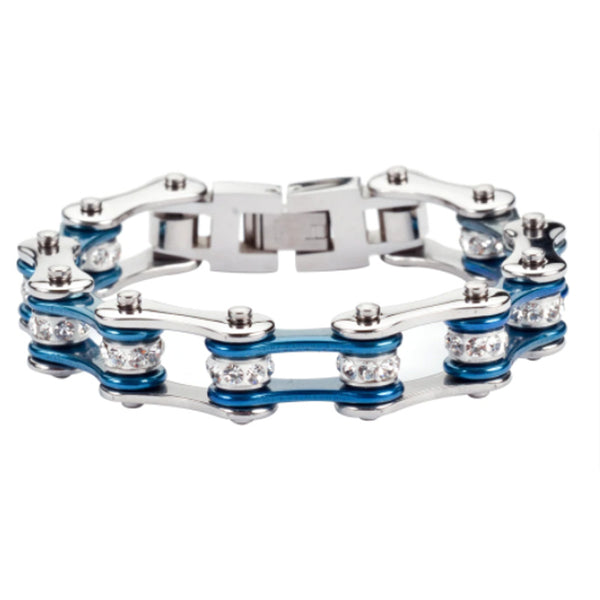 Ladies Motorcycle Bike Chain Stainless Steel Bracelet Silver & Electric Blue SB83