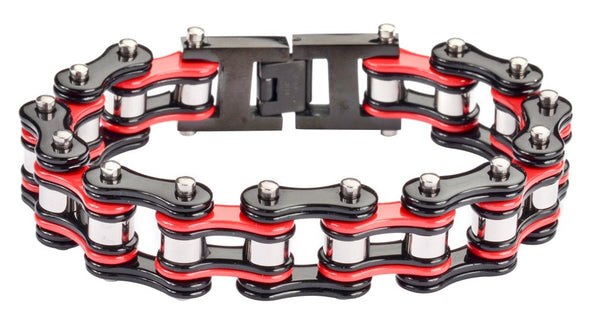 Biker Jewelry Men's Motorcycle Bike Chain Bracelet Stainless Steel Black & Red SB87